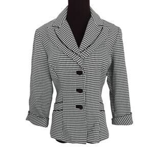 Vintage 80s Single Breasted Blazer Jacket Mint Black Houndstooth Womens 10 Retro